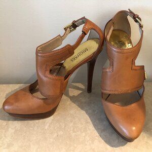Michael Kors - Camel Tan leather strappy rounded toe high heels platform sandals